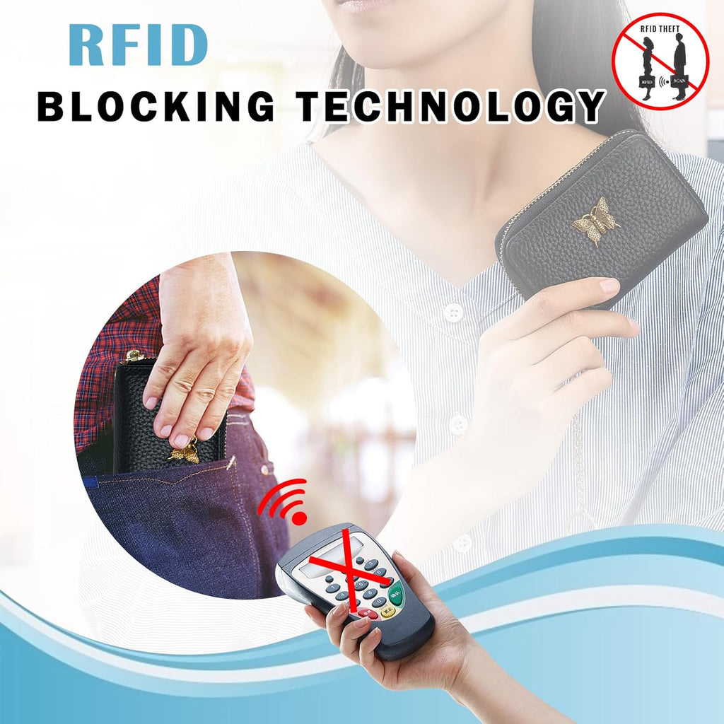 RFID Credit Card Holder for Women Genuine Leather Card Case Wallet with Zipper and Removable Keychain (Black)