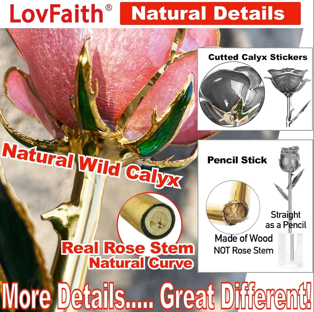 24K Gold Dipped Real Rose with Crystal Stand, Anniversary Valentines Day Romantic Gift for Her Wife Mom